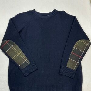 Barbour Sam Heughan Navy Blue Crewneck Sweater Tartan Elbow Patches Mens XL
